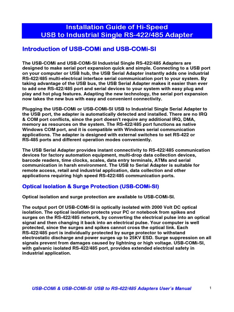 USB-COMi & USB-COMi-SI Adapter Manual | PDF | Computers