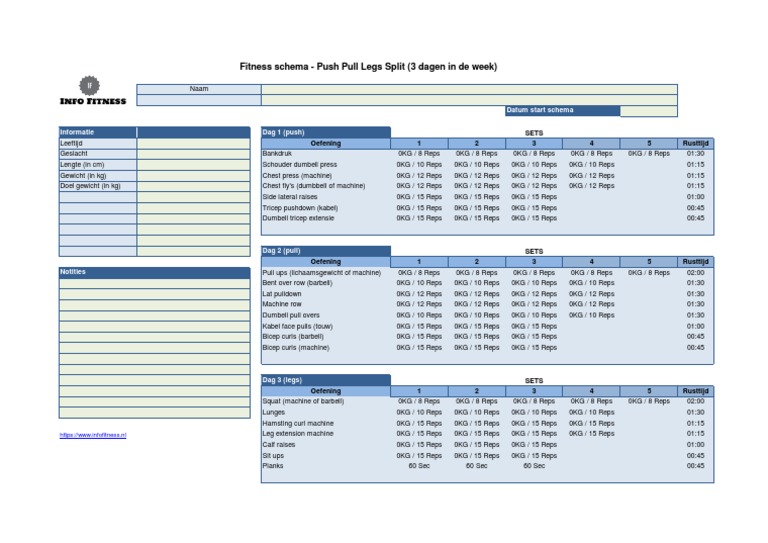 Fitness Schema Push Pull Legs Split (3 Dagen in de Week) PDF Recreation Physical Exercise