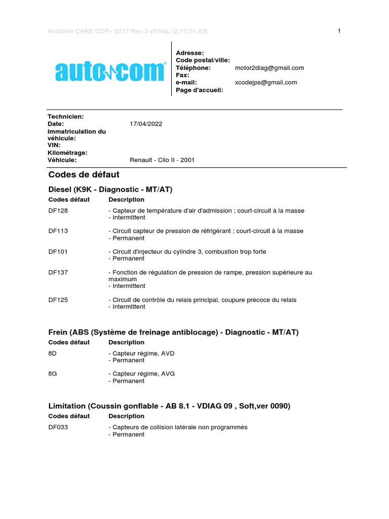 Codes défauts Renault Clio II | PDF