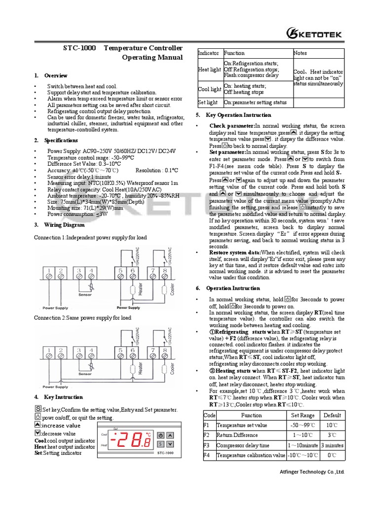 STC1000 Temperature Controller Operating Manual or or or PDF Refrigerator Parameter