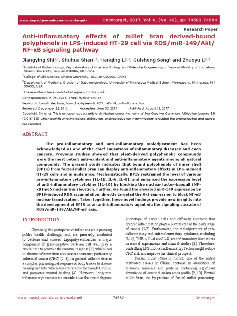 AntiInflammatory Effects of Millet Bran DerivedBound Polyphenols in