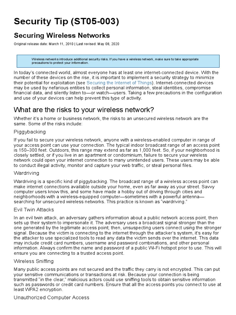 CISA Guidance on Wireless Security | PDF | Computer Network | Wi Fi