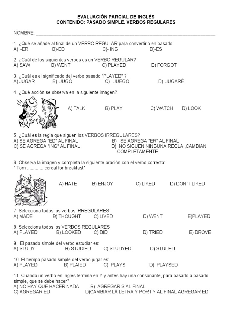 Examen de Pasado Simple en Inglés | PDF | Juegos y actividades ...