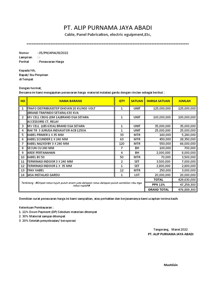 Penawaran Harga Instalasi Gardu | PDF