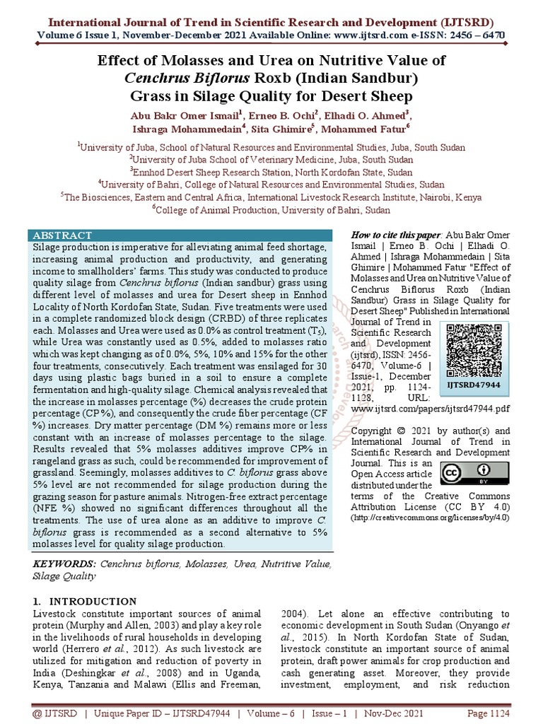 Effect of Molasses and Urea On Nutritive Value of Cenchrus Biflorus