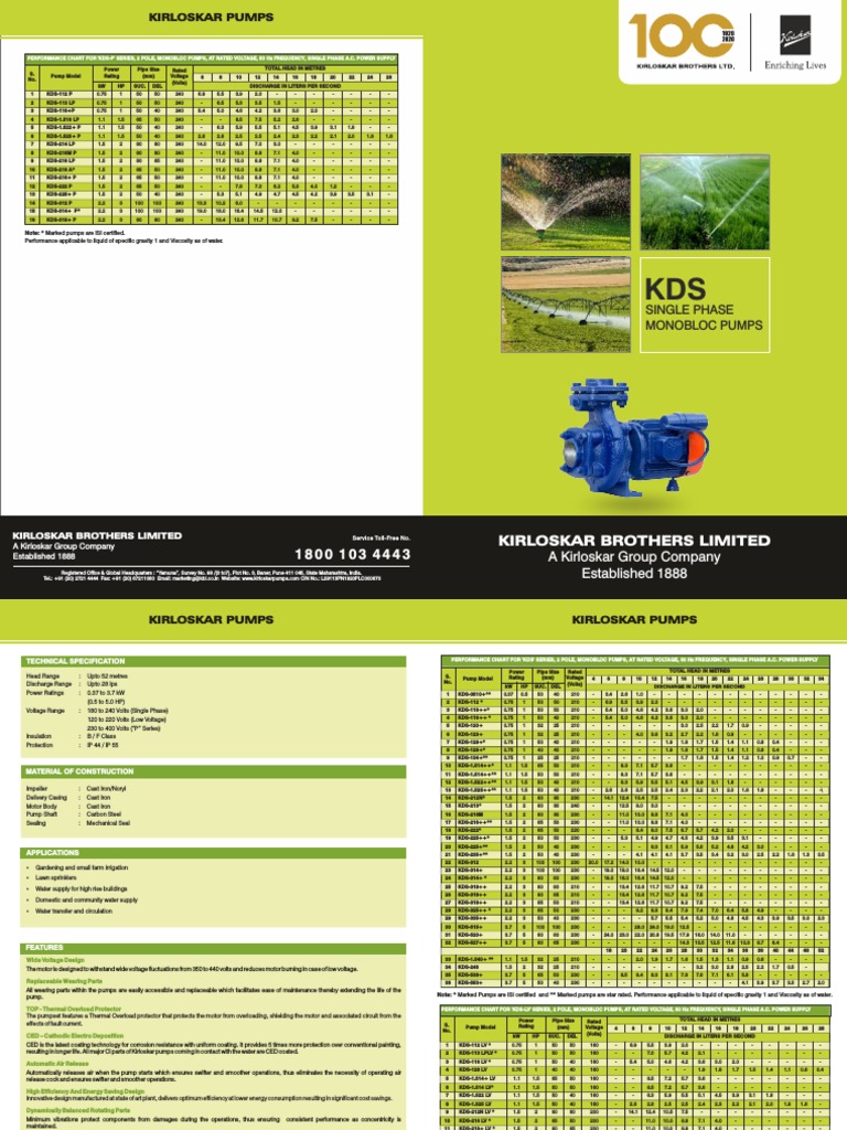 Kirloskar KDS Monobloc Pump Specs | PDF | Mains Electricity ...