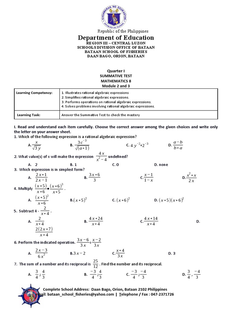 Summative Test Module 2 3 | PDF | Mathematics | Algebra