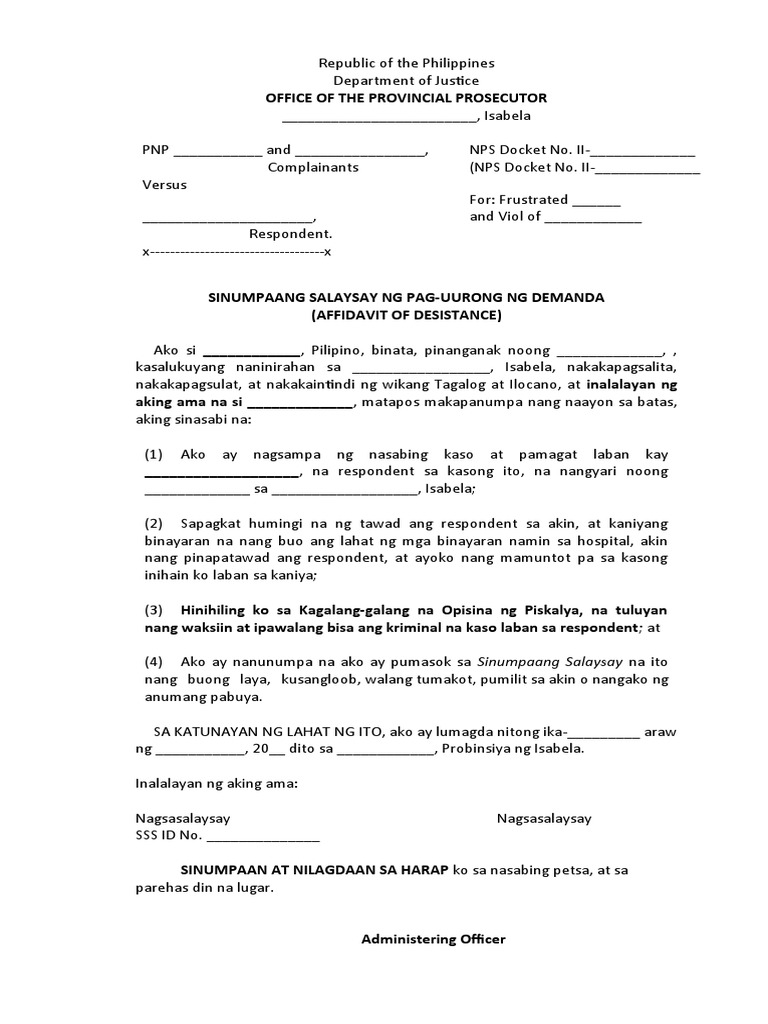 Tagalog Affidavit of Desistance PDF