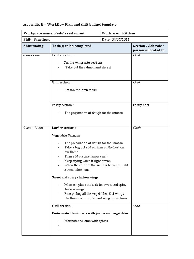Appendix B - Workflow Plan Template | PDF | Cooking | Pesto