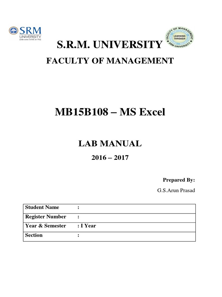 MS15B108 MS Excel Lab Manual PDF PDF Microsoft Excel Software