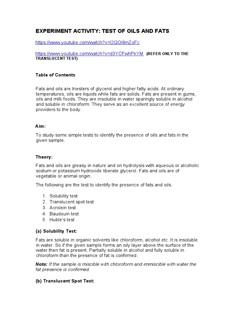 Lab Report Test of Oils and Fats PDF