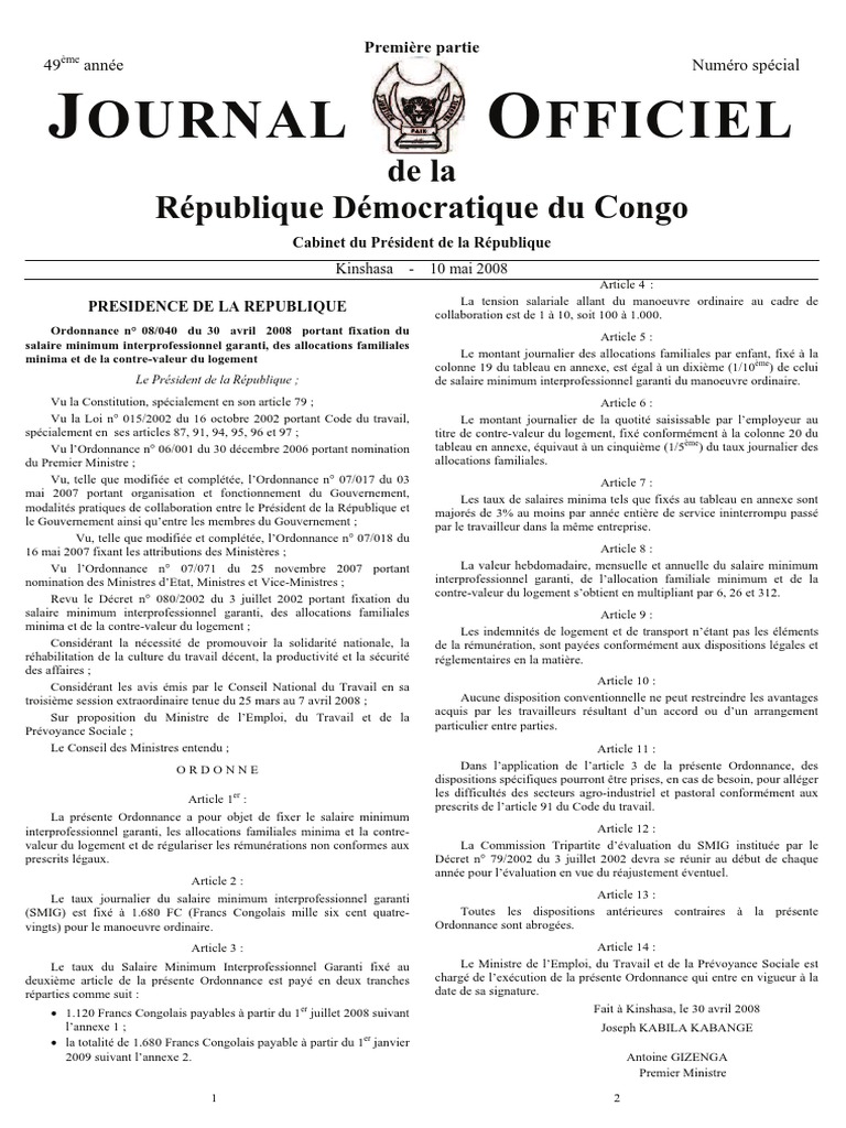 Fixation du SMIG en RDC 2025 | PDF | Salaire minimum | Salaires
