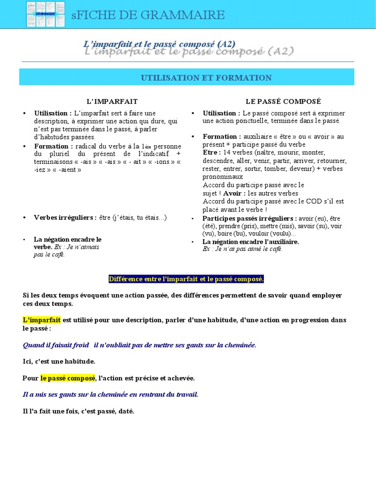 Imparfait et Passé Composé A2 | PDF | Syntaxe | Mécanique du langage