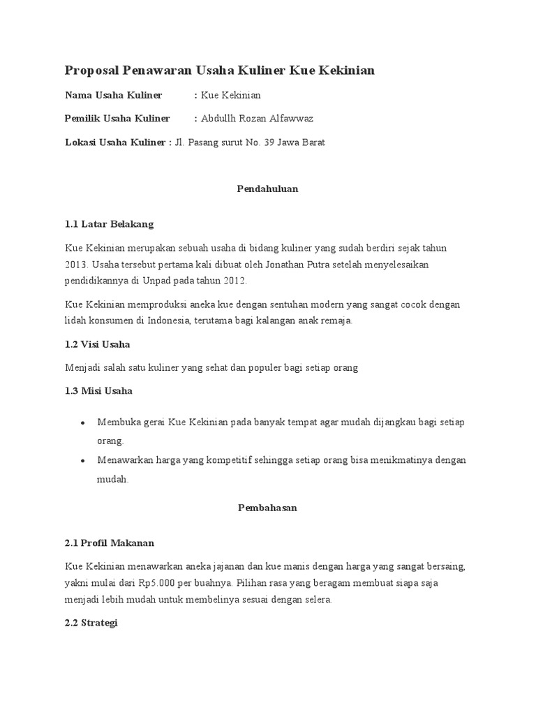 Proposal Usaha Kue Kekinian | PDF | Bisnis | Memasak, Makanan, & Anggur