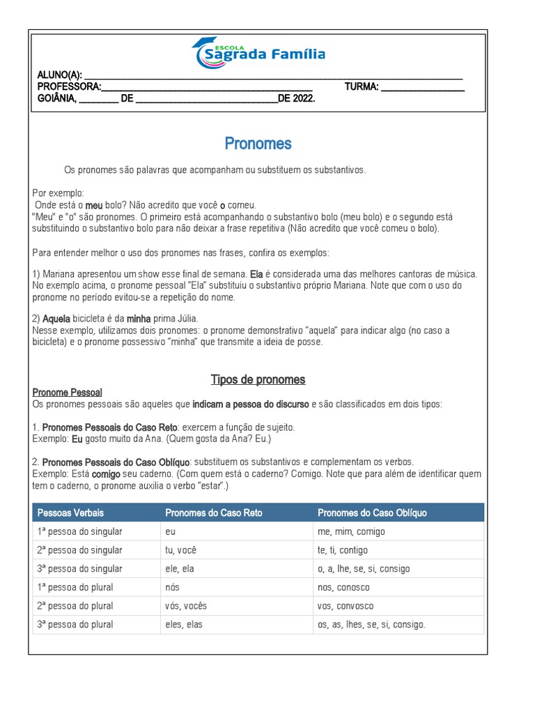 Tipos e Exemplos de Pronomes | PDF | Pronome | Mecânica da linguagem