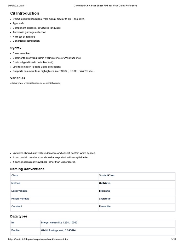 C# Cheat Sheet | PDF | Array Data Structure | Class (Computer Programming)