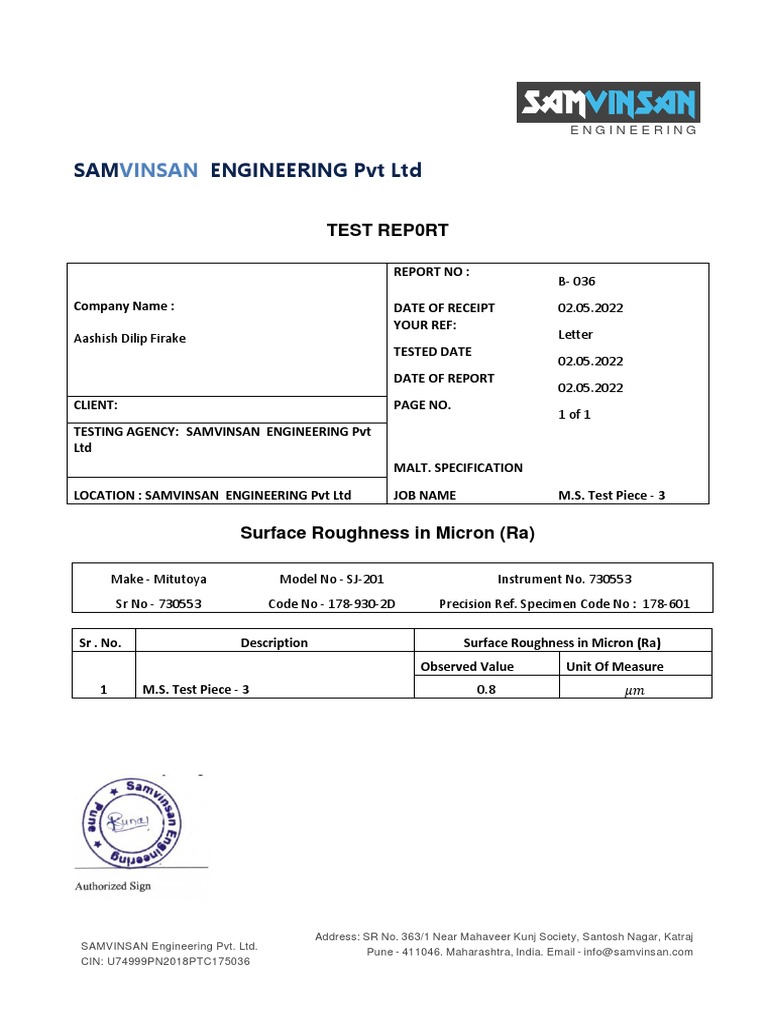 Surface Roughness Test Report: M.S. Test Piece | PDF