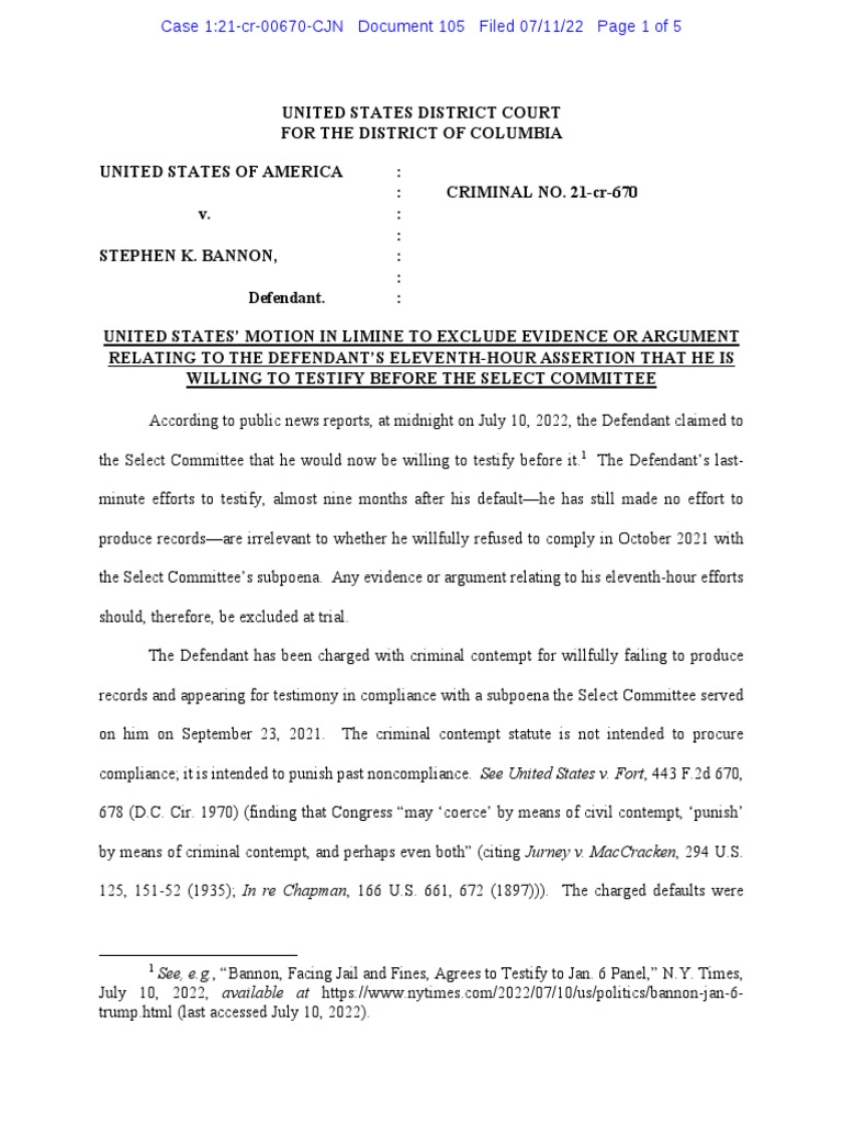 DOJ Motion in Limine Response To Bannon July 11 2022 Download Free