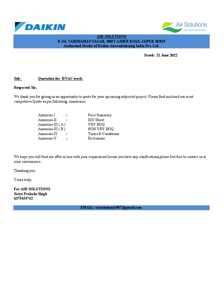 Daikin HVAC Quotation Summary | PDF | Duct (Flow) | Air Conditioning