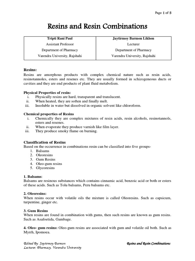 An Overview of Resins Their Classifications, Chemical Constituents and