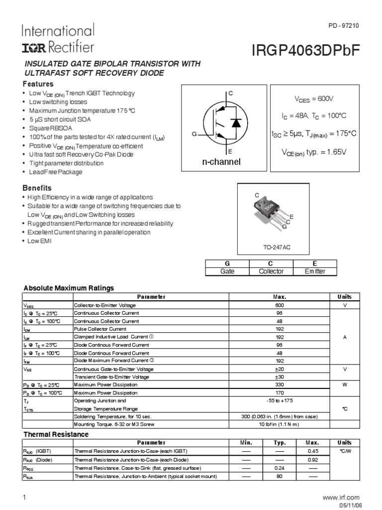 Irgp4063Dpbf: Insulated Gate Bipolar Transistor With Ultrafast Soft ...