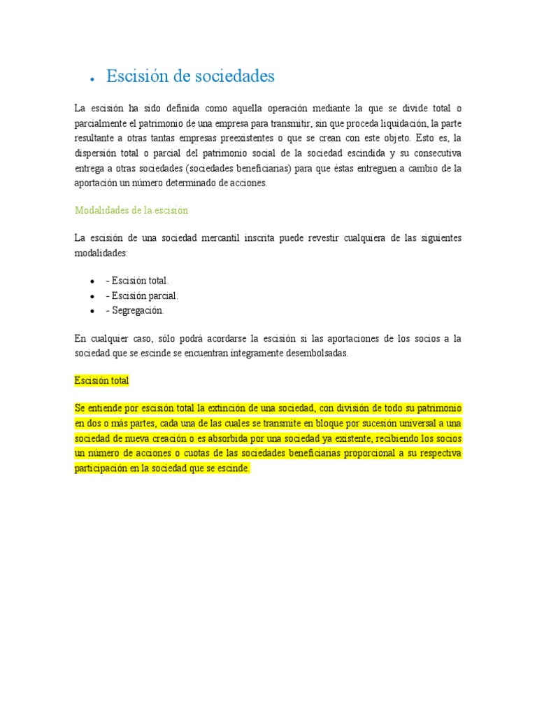 Escisión de Sociedades | PDF