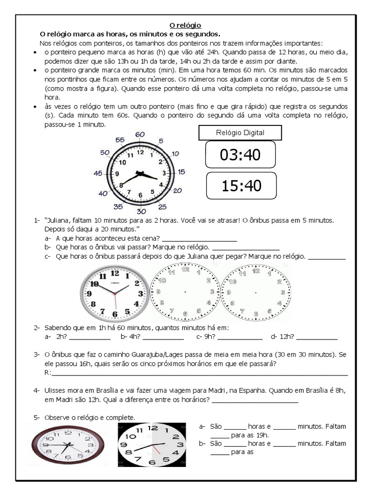 Entendendo os ponteiros do relógio e exercitando os conceitos de horas ...