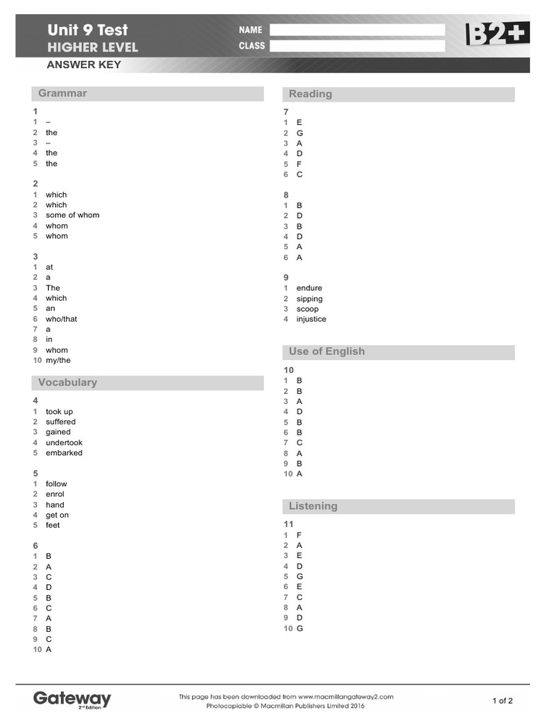 Gateway B2+ Unit 9 Test Answer Key | PDF | Linguistics | Cognition