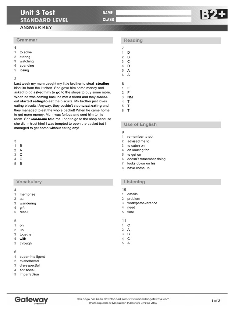 B2+ UNIT 3 Test Answer Key Standard PDF Linguistics Cognition