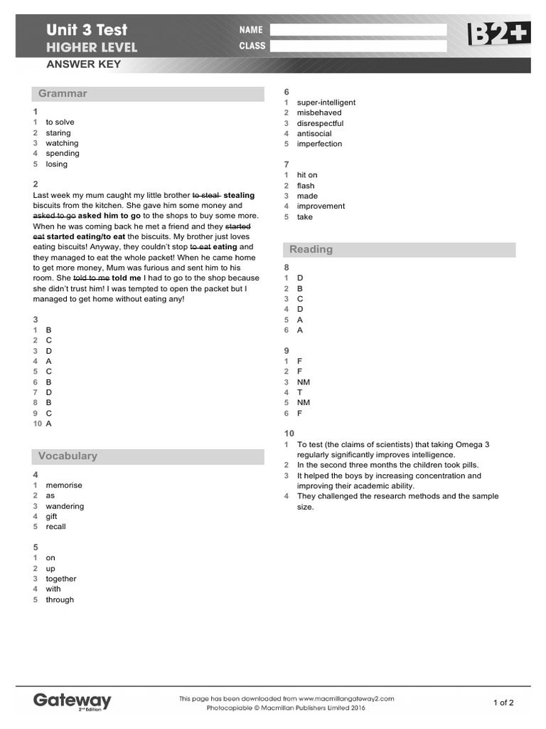 B2+ UNIT 3 Test Answer Key Higher PDF Learning Cognition