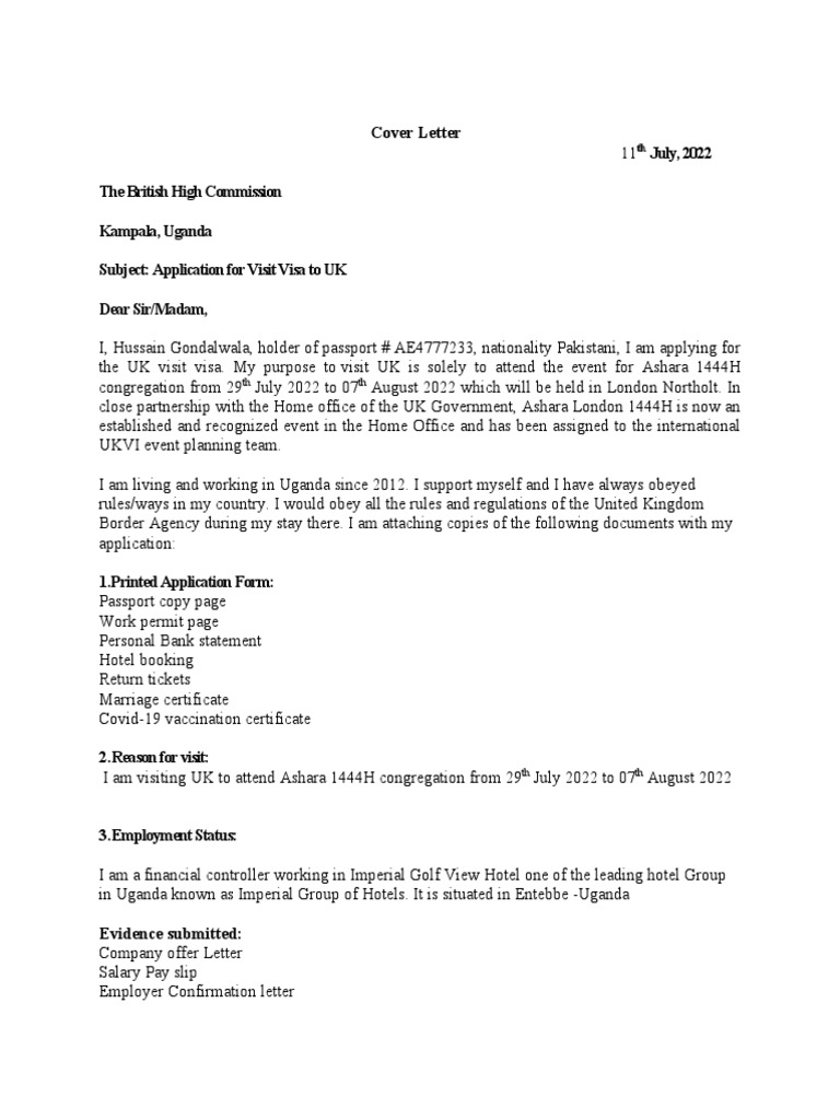 UK Visit Visa Application Cover Letter | PDF | Business | Finance ...
