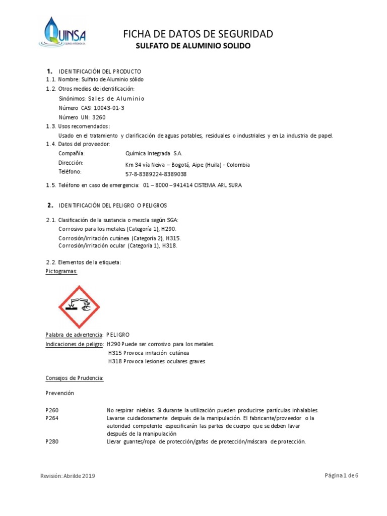 Hoja de Seguridad Sulfato de Aluminio