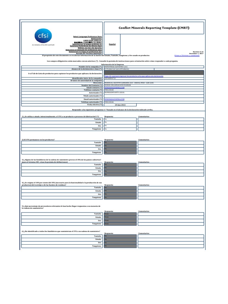 2022.06.20 Conflict Minerals Reporting Template | PDF