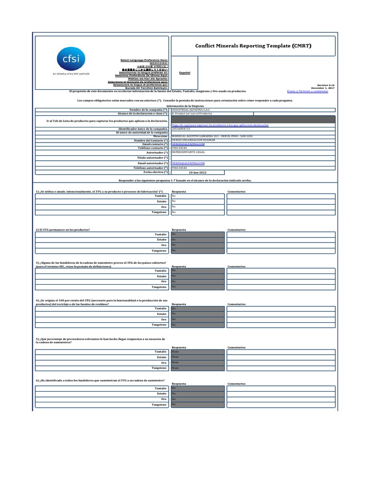 Conflict Minerals Reporting Template