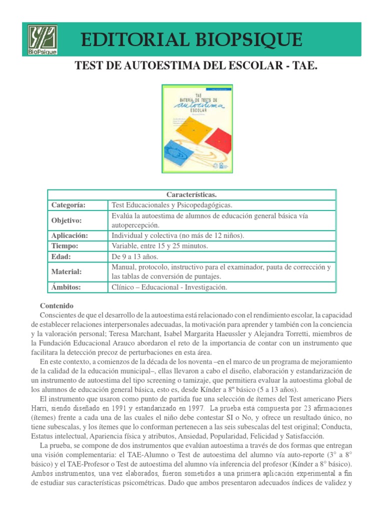 Esc 016 Test de Autoestima Del Escolar TAE | PDF | Autoestima ...