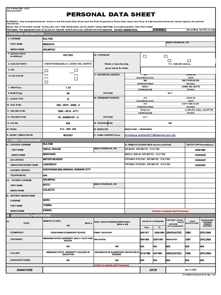 Csc personal data sheet pds 2017 pdf