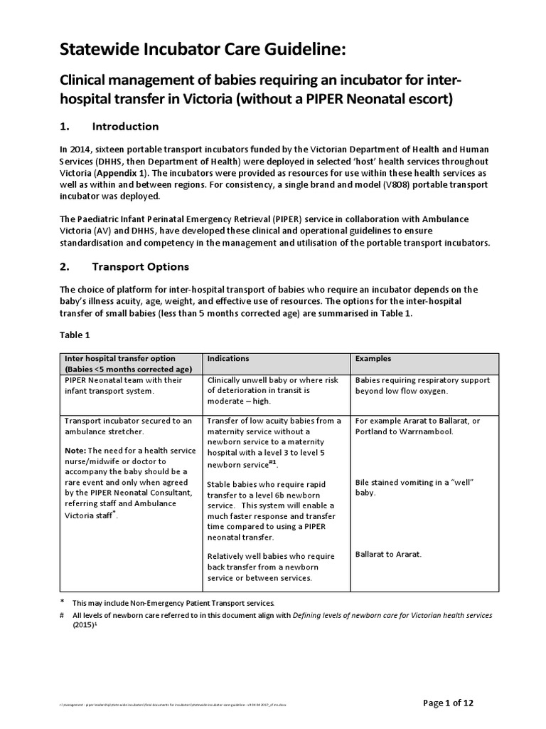 Statewide Incubator Care Guideline PDF Neonatal Intensive Care Unit