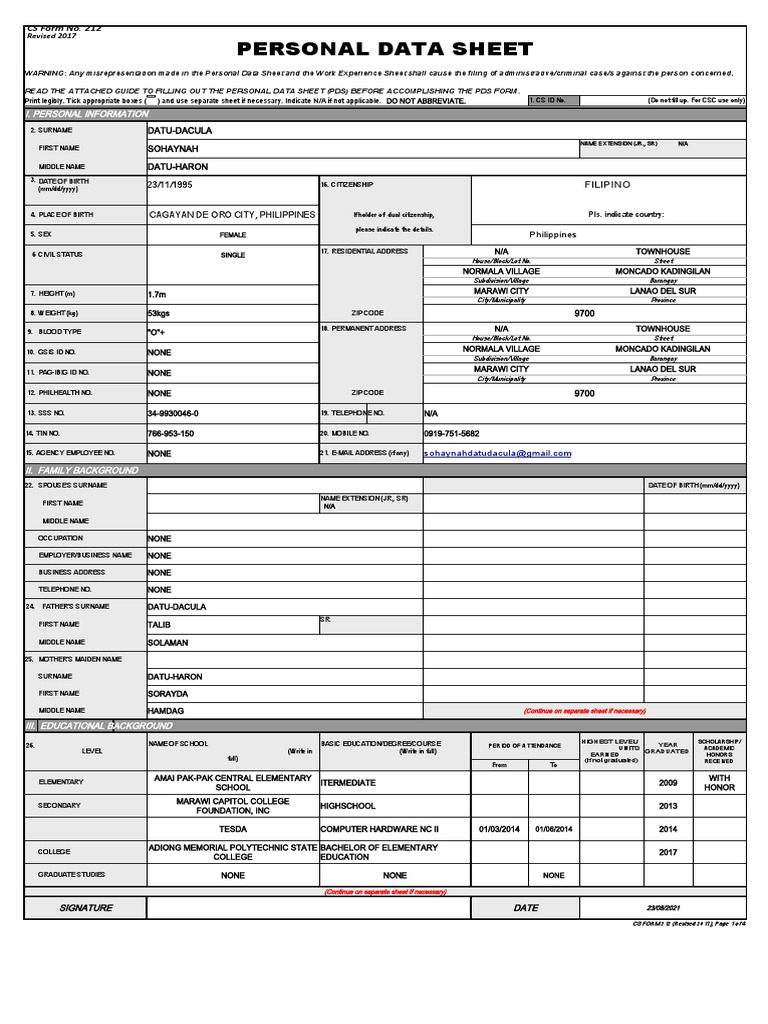 Personal Data Sheet DatuDacula Sohaynah DatuHaron 23/11/1995