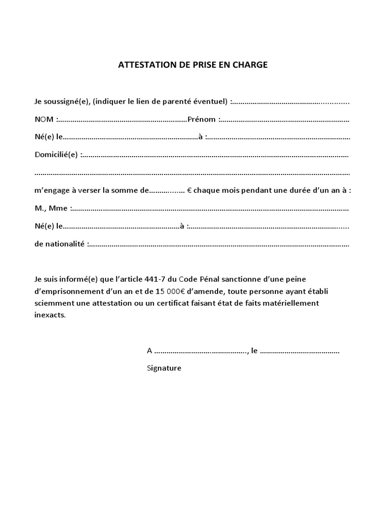 Attestation De Prise En Charge : Modèle De Lettre Gratuit – HMYUI