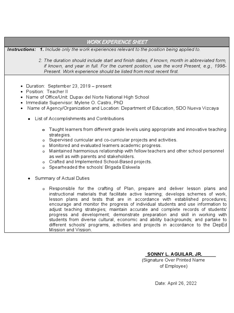 Teacher II Work Experience Summary | PDF | Teachers | Lesson Plan