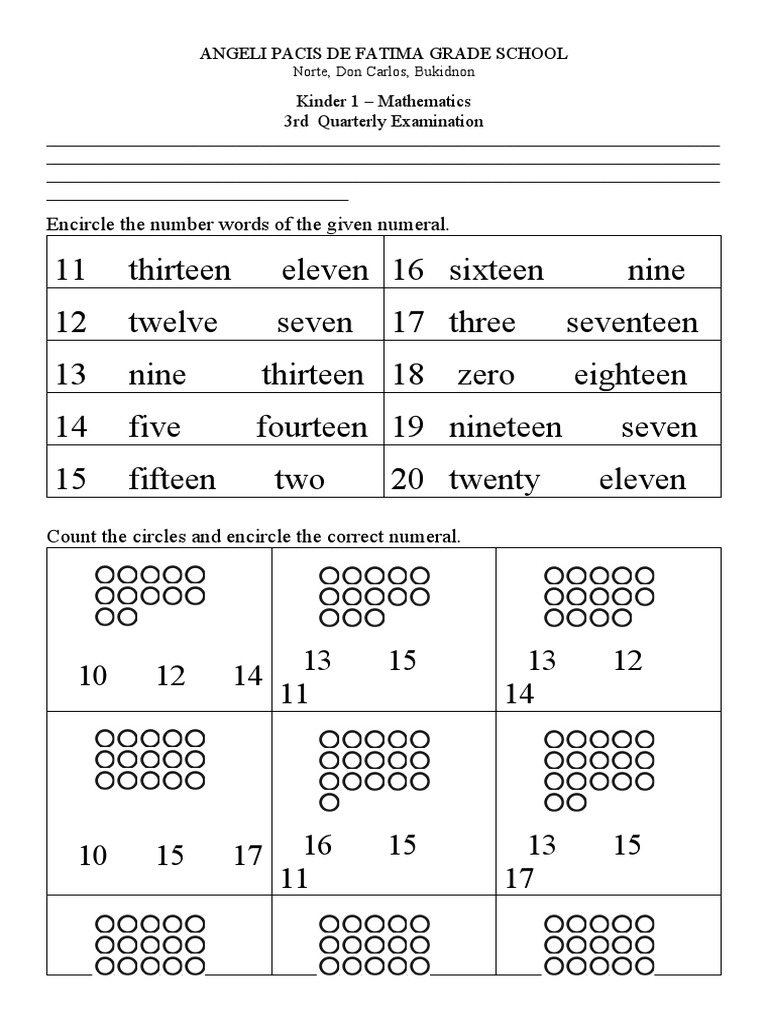 Kinder 1 Math Exam Review | PDF | Mathematics | Educational Assessment ...