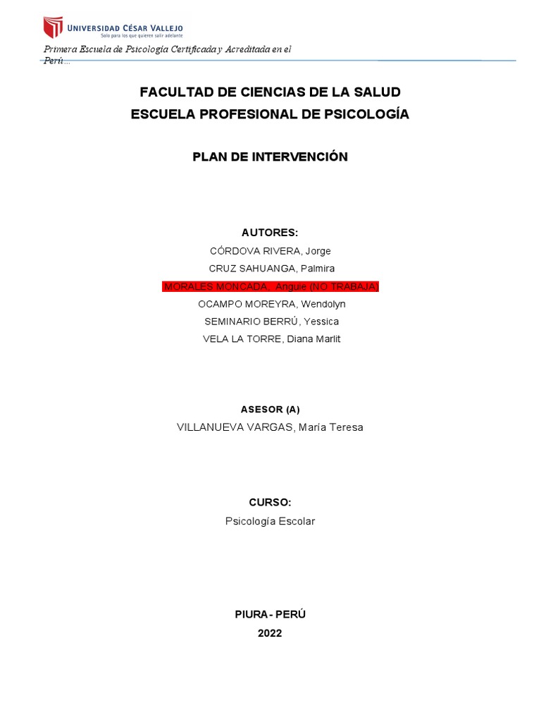 Plan de Intervención en Psicología Escolar | PDF | Sicología | Autoestima