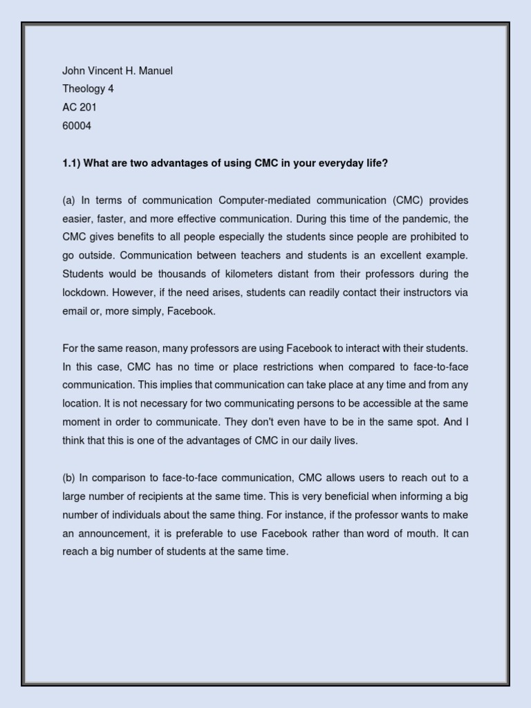 Advantages and Disadvantages of CMC | PDF | Computer Mediated ...