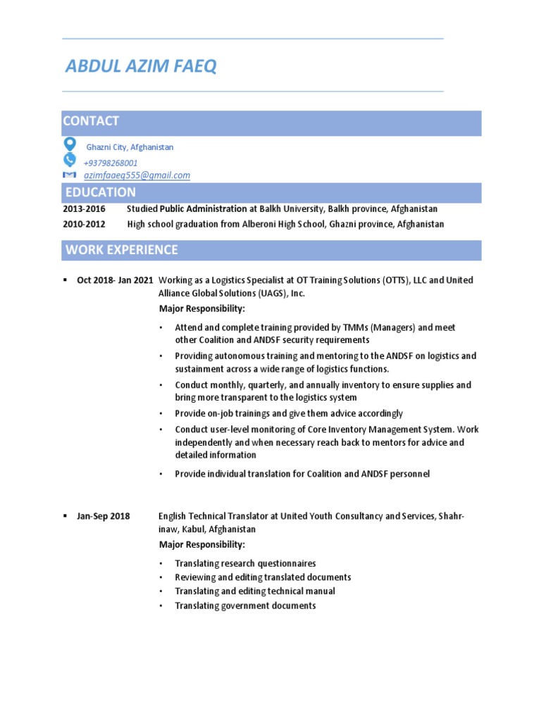 Abdul Azim CV | PDF | Logistics | Cognition