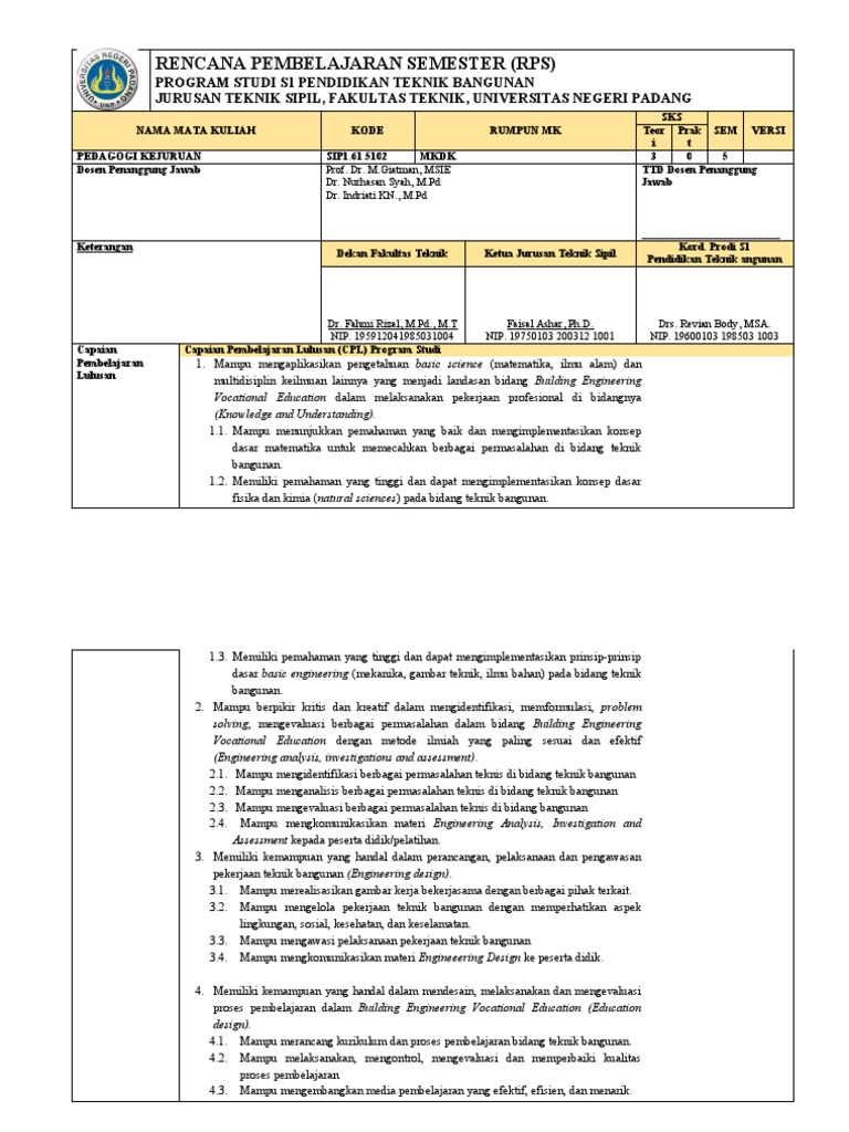 RPS Pendidikan Teknik Bangunan S1 | PDF