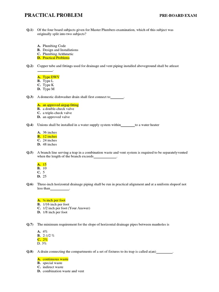 Master Plumber Exam Practice Questions | PDF | Plumbing | Pipe (Fluid ...