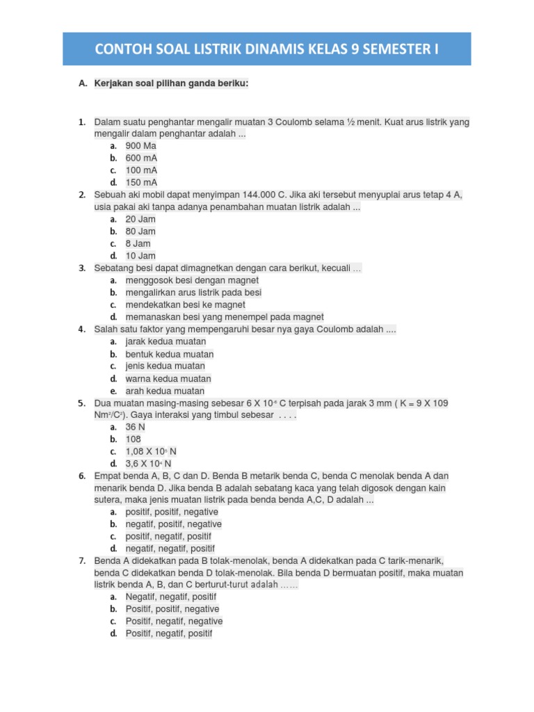 Soal Listrik Dinamis Kelas 9 Semester 1 | PDF | Metode & Bahan Ajar ...