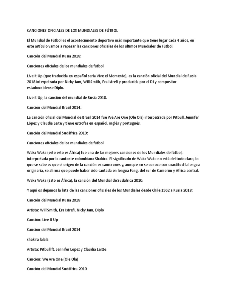 Canciones Oficiales de Mundiales de Fútbol | PDF | FIFA Copa del Mundo ...