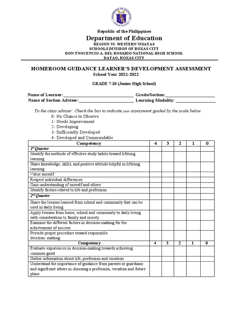 Homeroom Guidance Learners Development Assessment Jhs Pdf