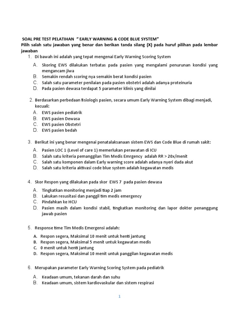 Soal Pre Test Sistem EWS dan Code Blue | PDF